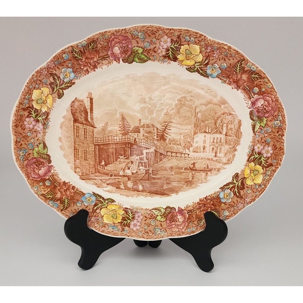 Palissy Oval Platter Thames River Scenes Datchet Bridge Bucks Brown Floral Multi